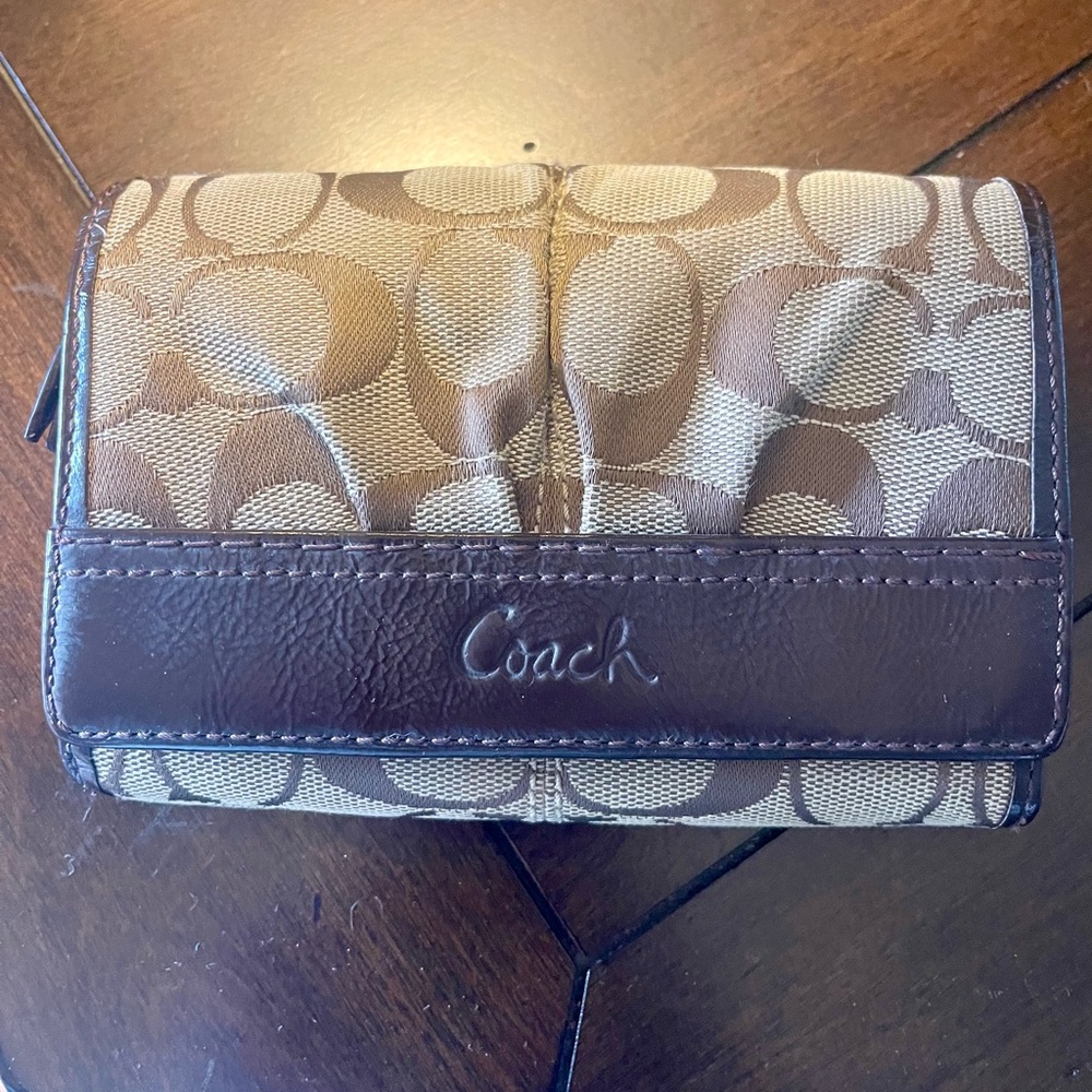Coach Brown Signature Canvas Trifold Wallet